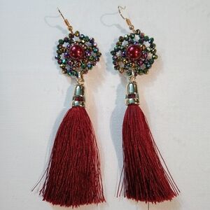 Stunning Crimson Burgundy Tassel Iridescent Beaded Crystals Top Earrings Gold